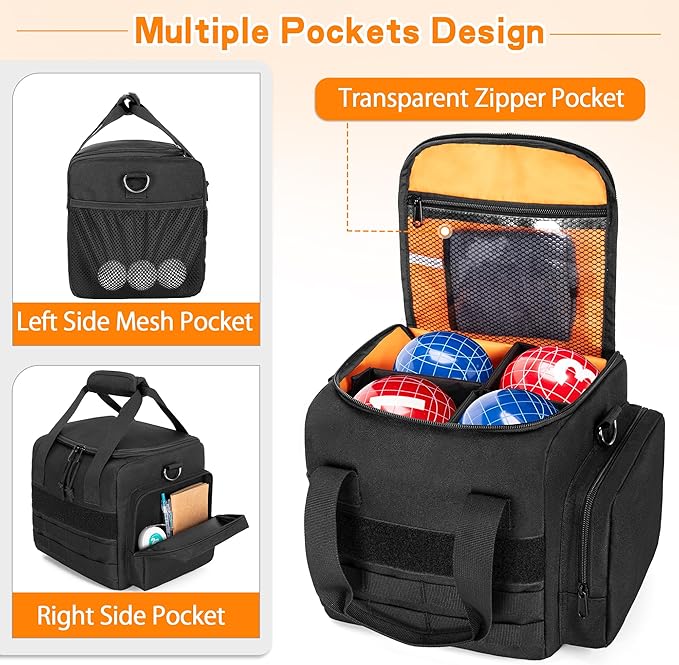 DSLEAF Bocce Ball Carry Bag for 8 Balls, Bocce Ball Storage Bag with Padded Handle and Detachable Shoulder Strap for Easy Carrying(Only Bag, Not Including Balls)