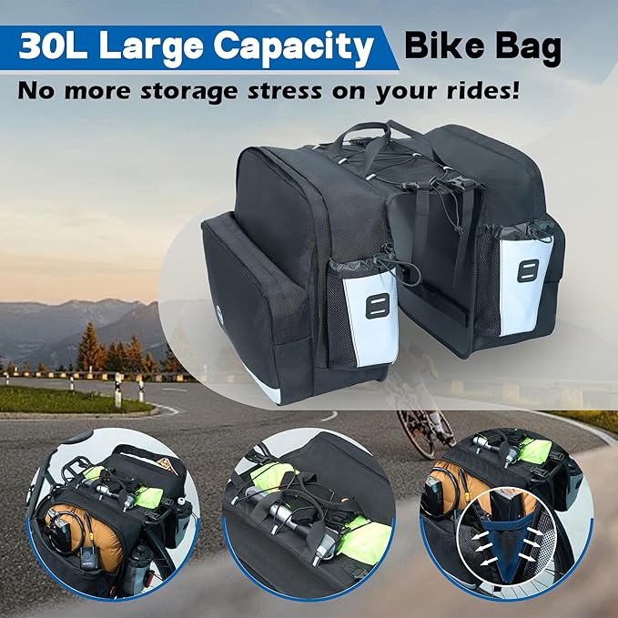 Bike Saddle Bags for Rear Rack, 30L Large Capacity Bike Panniers, Waterproof Double Bicycle Trunk Bag with Reflective Strips, Bike Accessories for Road Mountain Cycling Traveling Commuting