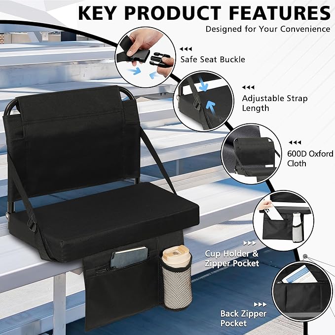 Stadium Seats for Bleachers 2 Pack w/Back Support Bleacher Seat Soft Cushion Light Weight Includes Shoulder Strap & Cup Holder, Front & Back Zipper Pocket, Suitable for Sports Events,Black