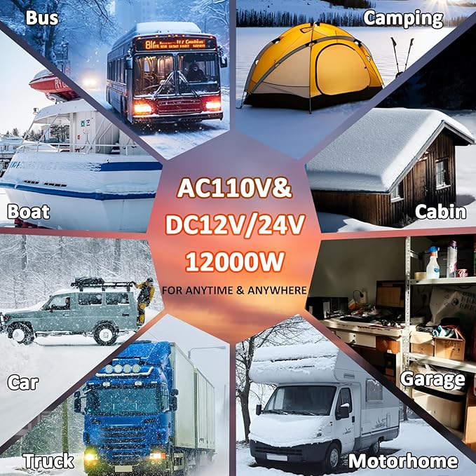 12000W Diesel Heater, 110V/24V/12V Ultra Parking Heater with Remote Control and LCD Display, 2025 Upgraded All-in-One Instant Heat Low Noise for RV Truck Boat Bus Home Shop (110V/24V/12V Heater)