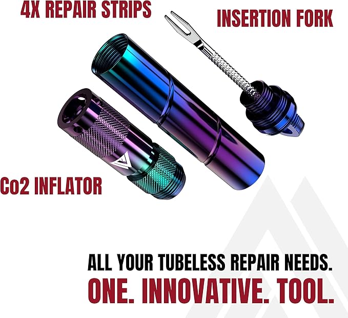 KOM Cycling Tubeless Tire Repair Kit for Bikes 8 Colors! Fixes Mountain Bike and Road Bicycle Tire Punctures – Includes Tire Repair Fork Reamer, 8 Bacon Strips. Tubeless Bike Repair Kit