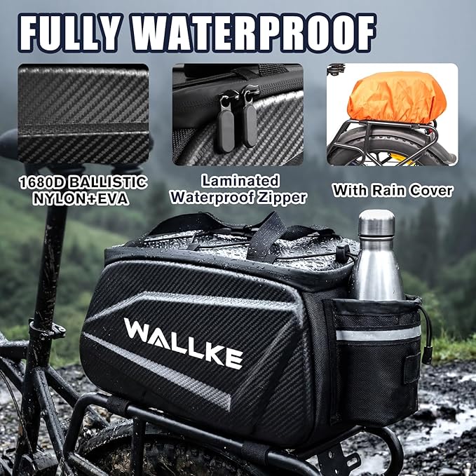 Wallke Hard Shell Bike Bag, 12L Ebike Bag for Bike Rear Rack, Waterproof Bike Saddle Bag with Reflector/Shoulder Strap/Rain Cover, Bike Panniers for Commuter Cycling Travel Wallke Ebike H9 Ultra H7