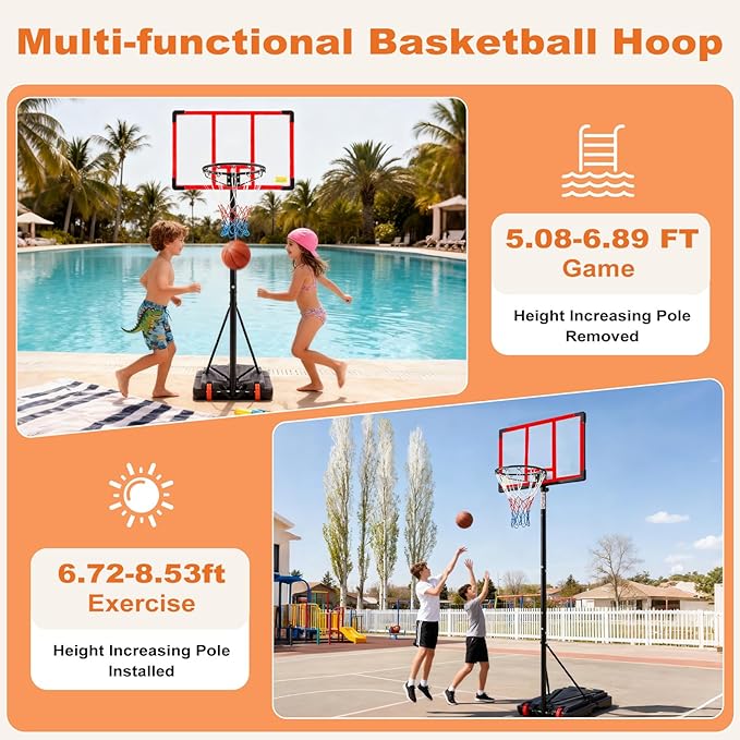Portable Basketball Hoop Outdoor, Adjustable Basketball Hoops Goal System Shatterproof Backboard, Shock Absorbent Rim, Fillable Base for Swimming Pool/Backyard/Driveway