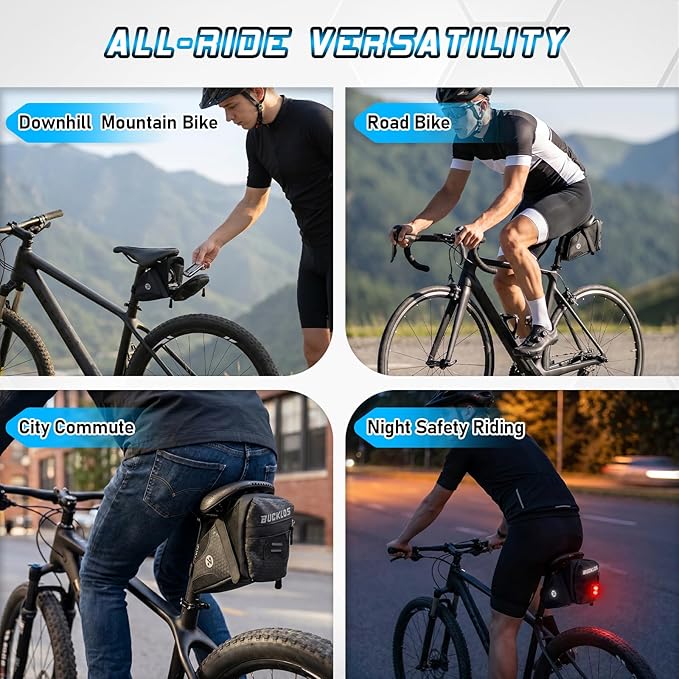 BUCKLOS Bike Saddle Bag, 0.8L Water Resistant Under Seat Bag, 3D Shell 600D Polyester Cycling Wedge Pack with Reflective Strips & Taillight Hanger for Mountain & Road Bikes, Black