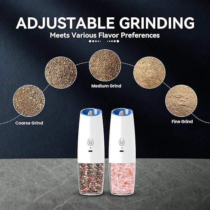 Rechargeable Electric Salt and Pepper Grinder set of 2, gravity electric salt and pepper grinder set, Adjustable Roughness, LED Light, 2 Pack, (White)