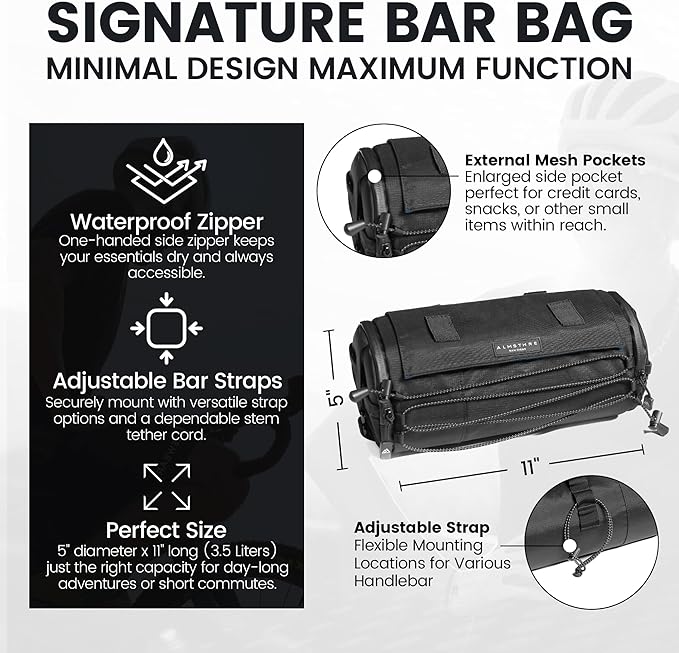 ALMSTHRE Signature XL Bar Bag – Midnight Black | Hard-Shell Bike Handlebar Bag with Waterproof Zippers & Adjustable Straps | Lightweight Bicycle Handlebar Bag, Compatible with Road, Gravel & MTB Bikes