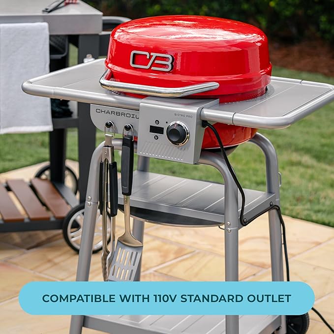 Charbroil 3-in-1 Dual Fuel Outdoor Bistro Pro Electric Grill & Griddle + Charcoal Mode BBQ, Red - 25302146