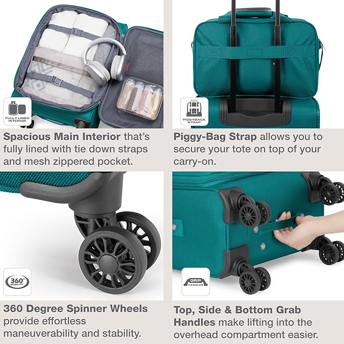 U.S.トラベラー リオ 軽量ソフトサイド ローリングキャリーオン スーツケース、4輪シングル、ティール