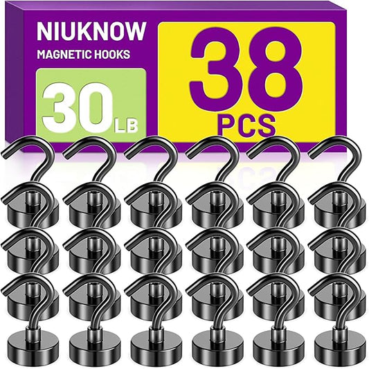 38Pack Heavy Duty Magnetic Hooks, 30LBS Powerful Black Metal Neodymium Magnets Hooks for Hanging, Magnets with Hooks Perfect for Home, Kitchen, Bathroom, Office, Cruise Must Haves