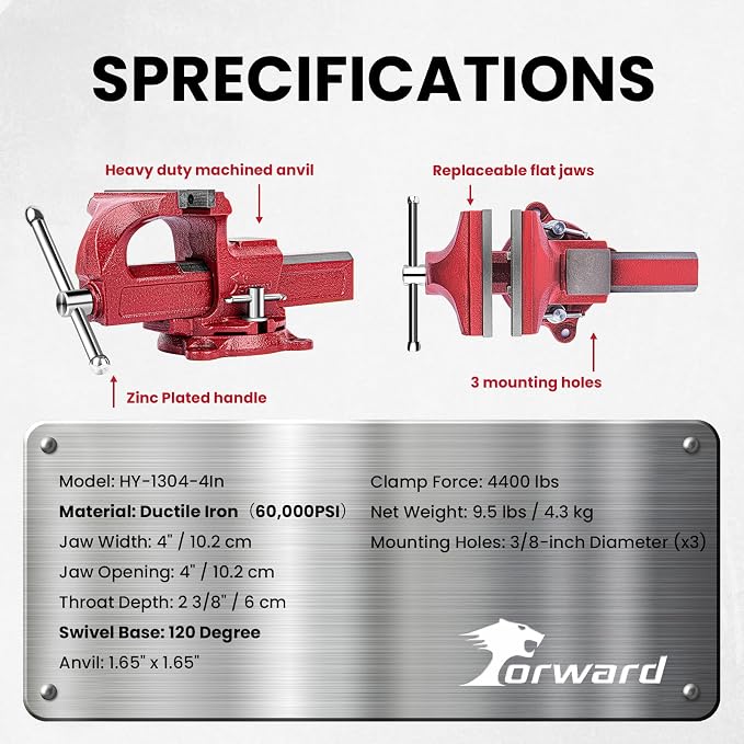 Forward 1304 4 Inch Home Vise Ductile Iron 4" Bench Vise Homeowner's Vice with Anvil and Swivel Base
