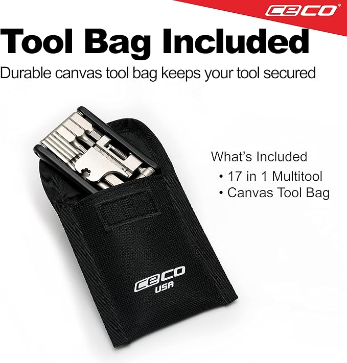 CECO USA 17 Function Bike Tool with Chain Breaker, Bicycle Multi Tool, Ultra Slim, Compact Pocket Sized, Lightweight, High Strength CR-V 6150 Tool Steel, Easy To Carry, Case Pouch Included, Quality