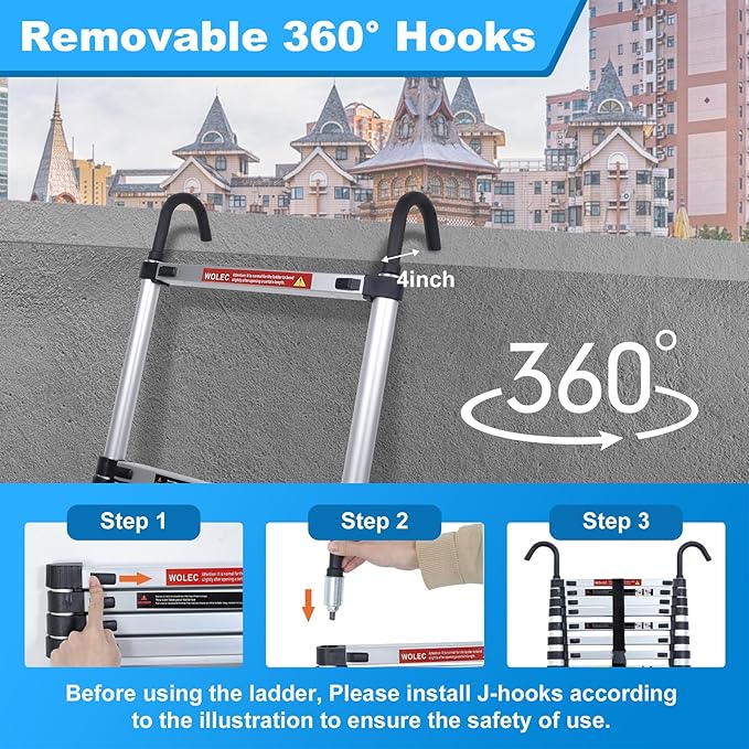 Telescoping Ladder, 8.5FT Aluminum Lightweight Portable Telescopic Ladder with Hook, Stabilizers & Wheels, Heavy Duty 330lbs Max Capacity, Extension Ladder for Roofs, RVs, Outdoor-Sliver