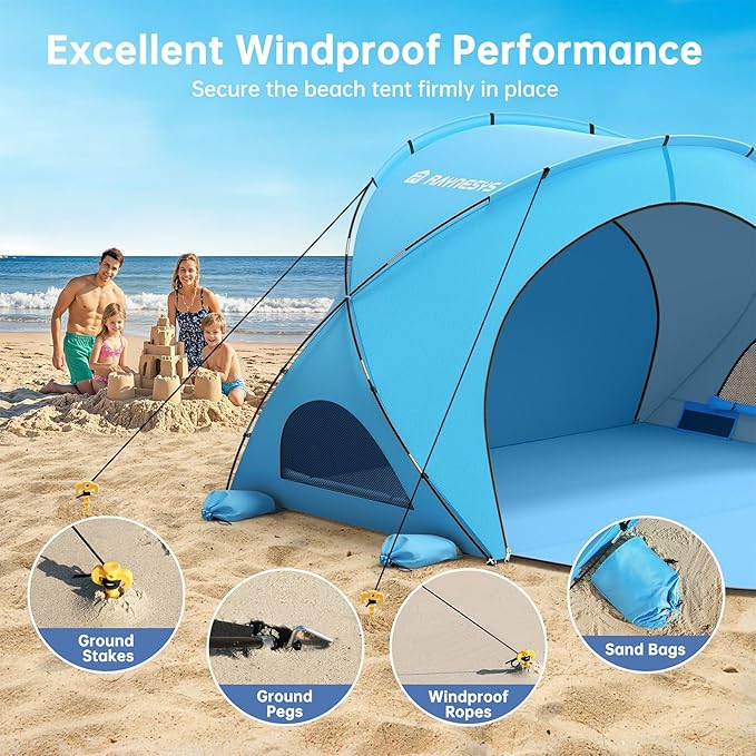 Beach Tent Sun Shelter, Sun Shelter for 1-4 Person, Beach Shade Tent, Beaches Shade with 2 Zippered Doors, Portable Tents for Camping Fishing, Blue