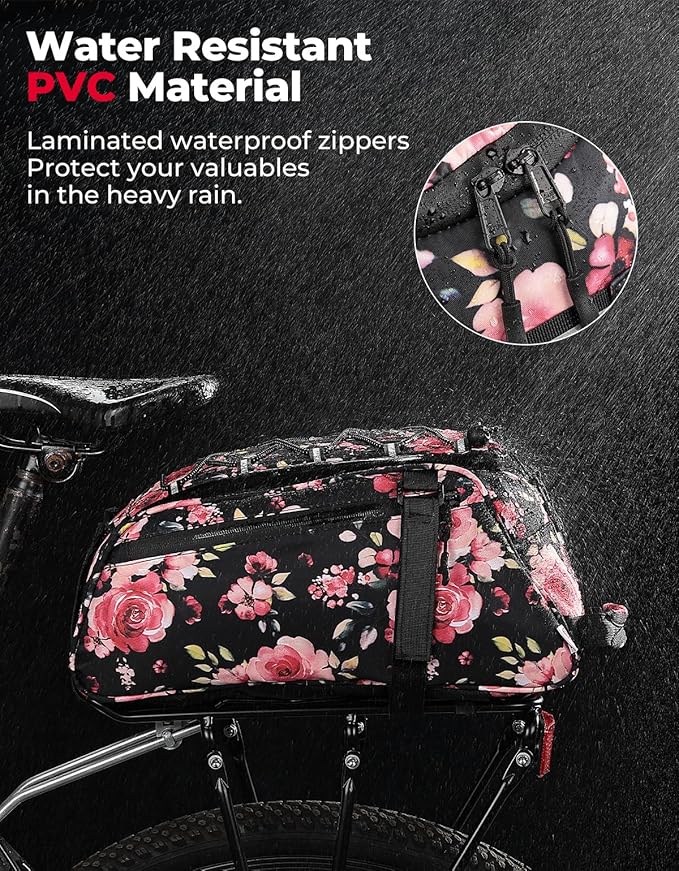 KEMIMOTO Rear Bike Rack Bag, 13L Water-resistant Trunk Bags 3-IN-1, Zippered Bicycle Backpack Shoulder Pannier Saddle Pack for Ebikes Cycling Commuting Travel Outdoor Camping, Pink