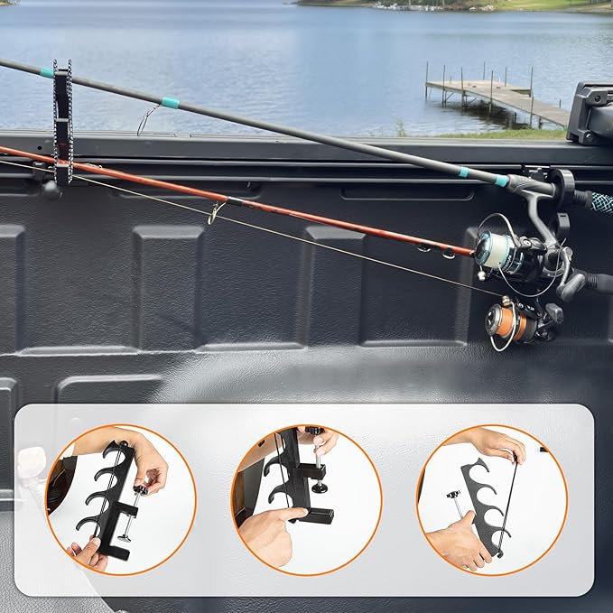 Adjustable Fishing Pole Holder for Pickup Trucks –Truck Bed Fishing Rod Holder Fits 4 Rods with Anti-Slip Bungee Secure 4 Rods While Driving