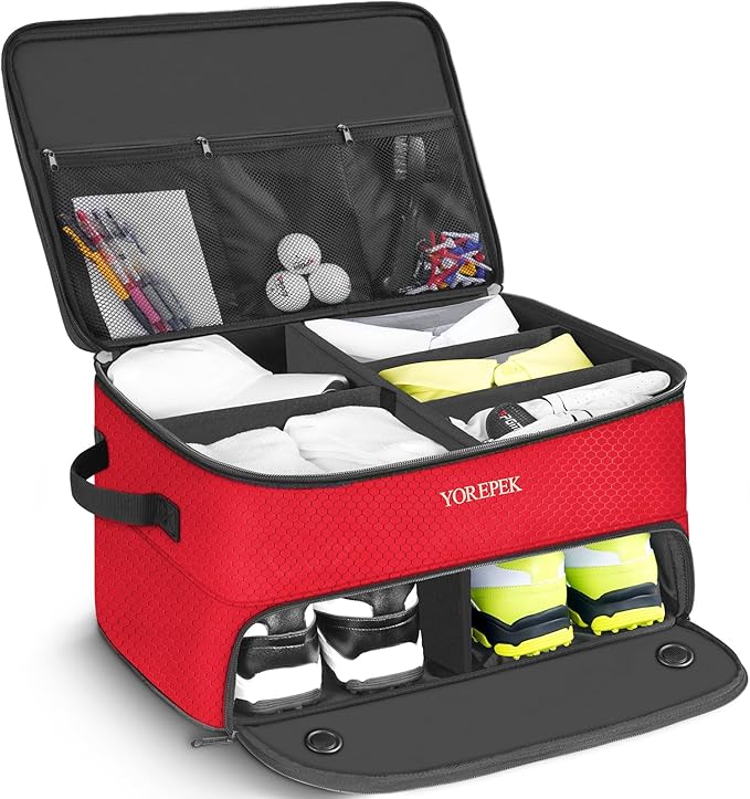 YOREPEK 2層ゴルフ用トランクオーガナイザー、靴2足用通気性独立コンパートメント付き、ゴルフ好きの男性へのギフト、ゴルフボール、ティー、衣類、グローブ用防水カー収納ボックス、ゴルファーへのギフト