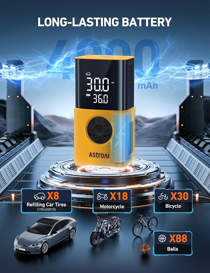 AstroAI Tire Inflator L7S Portable Air Compressor Cordless Bike Air Pump with Digital Dual Values Display, 150 PSI Car Tires Pump with LED Lights Air Pump for Auto, Motorcycles, Bikes, Balls Yellow
