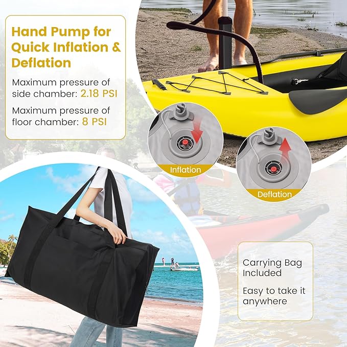 GYMAX Inflatable Kayak, 12.5Ft 507lbs Tandem Kayak with 2 Aluminum Paddles, 2 Padded Seats, Footrests, 2 Fins, Hand Pump, Carry Bag & Repair Kit, 2 Person Fishing Touring Kayak for Adults