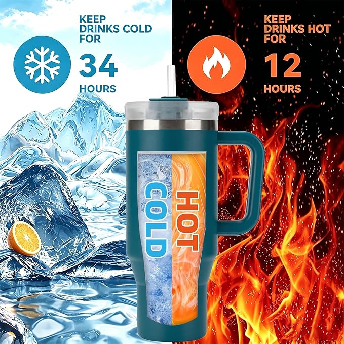 TYESO Vacuum Insulated Tumbler Water Bottle Cold Insulation Stainless Steel Bottle Straw Handle Mug Double Wall Wide Mouth (DARK BLUE, 40 oz)