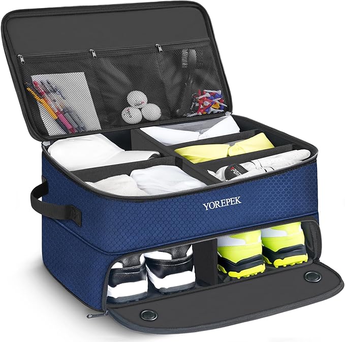 YOREPEK 2層ゴルフ用トランクオーガナイザー、靴2足用通気性独立コンパートメント付き、ゴルフ好きの男性へのギフト、ゴルフボール、ティー、衣類、グローブ用防水カー収納ボックス、ゴルファーへのギフト