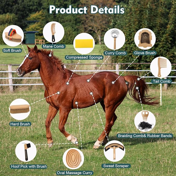 Horse Grooming Kit,13PCS Professional Horse Brushes for Grooming Care Supplies Set with Organizer Bag, Curry Comb, Hoof Pick, Horses Tack Brush Set for Effective Cleaning, Gift for Horse Riders