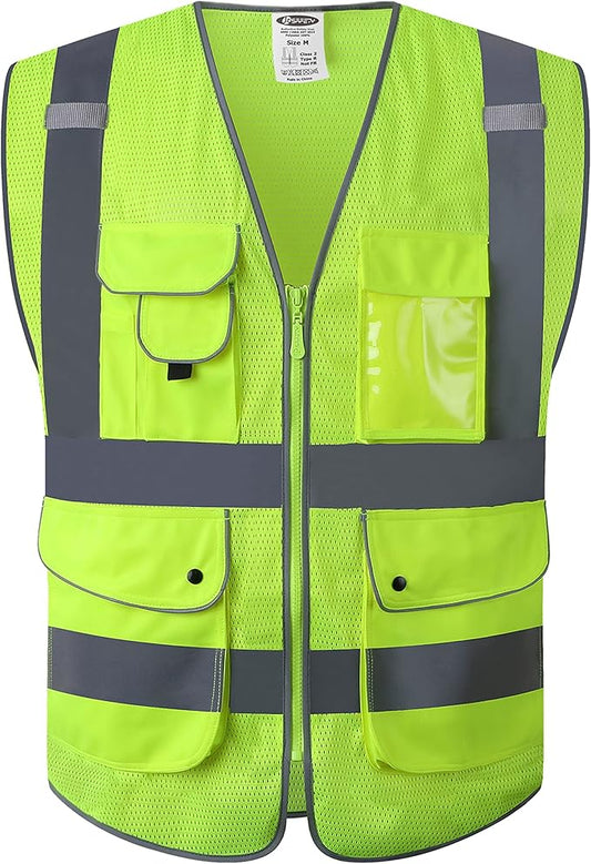 JKSafety 9 Pockets High Visibility Safety Vest for Men and Women, Hi-Vis Reflective Yellow Safety Vests with Zipper Front, Meet ANSI/ISEA Class 2 Type R(159-Yellow L)