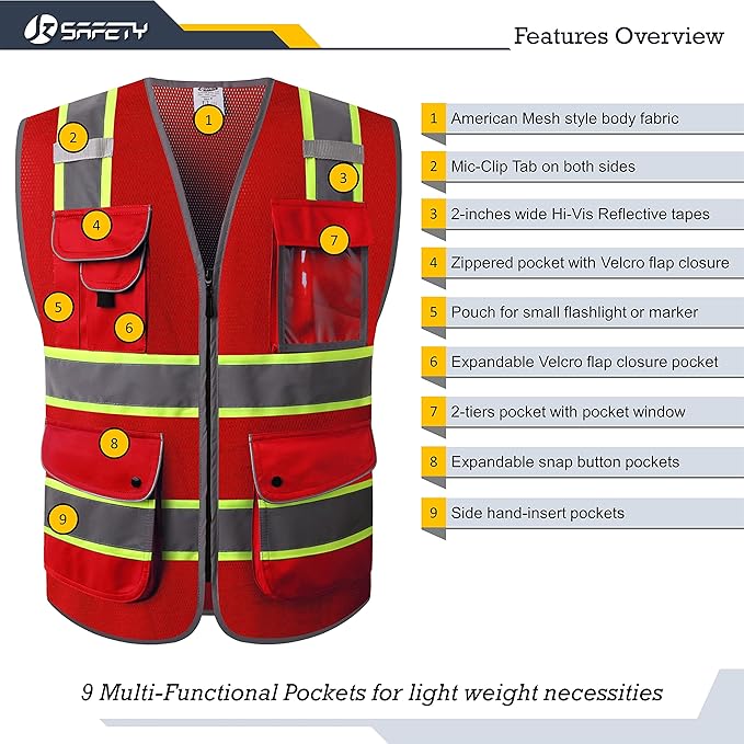 JKSafety 9 Pockets Hi-Vis Neon Red Zipper Front MESH Safety Vest with Fluorescent Yellow Extend Edge outlining the Reflective Tapes Meet ANSI/ISEA Class 2 Standard (100-Red, 5X-Large)