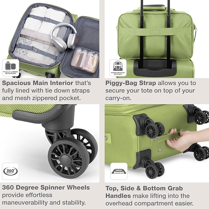 U.S. Traveler Rio Lightweight Softside Rolling Carry-on Suitcase, 4-Wheel Single, Light Green