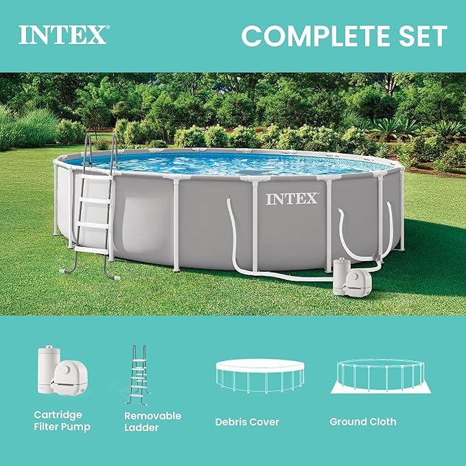 INTEX Prism Frame 18 ft x 48 in Above Ground Pool Set, Round Swimming Pool with Steel Frame, 1500 GPH Cartridge Filter Pump, Ladder, Cover, & Ground Cloth