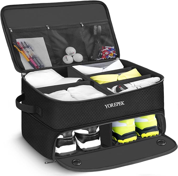 YOREPEK 2層ゴルフ用トランクオーガナイザー、靴2足用通気性独立コンパートメント付き、ゴルフ好きの男性へのギフト、ゴルフボール、ティー、衣類、グローブ用防水カー収納ボックス、ゴルファーへのギフト