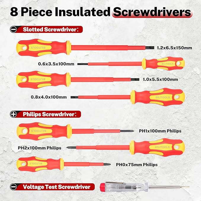 BILITOOLS Insulated Screwdriver & Pliers Set, 1000V Electrical Tools for Electrician Magnetic Phillips Slotted Pozidriv Tips