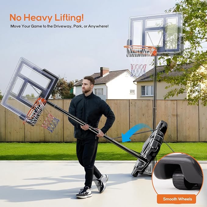 Portable Basketball Hoop Outdoor, Adjustable Basketball Hoops Goal System Shatterproof Backboard, Shock Absorbent Rim, Fillable Base for Swimming Pool/Backyard/Driveway