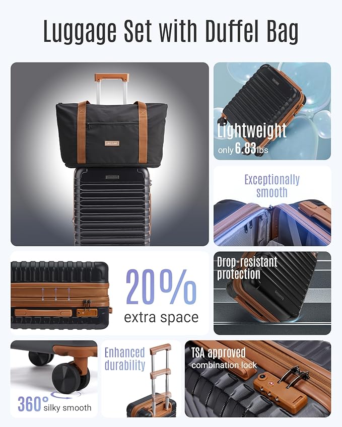 LIGHT FLIGHT スーツケースセット、機内持ち込み手荷物 22x14x9 航空会社承認済み、機内持ち込み旅行バッグ キャスター付きスーツケース、拡張可能ハードサイド軽量ローリング TSAロック付き 2点セット (DB/20)、ブラック/ブラウン
