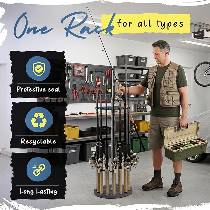 Rush Creek Creations | Rod Holder for 16 Fishing Poles, Garage Organization and Storage, for Reels, Gear, Accessories, Tackle Box