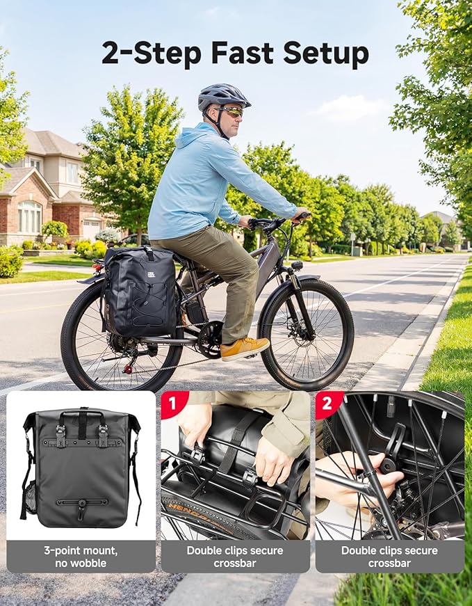 KEMIMOTO Bike Pannier Waterproof, 30L Heavy-Duty Bicycle Saddle Bag for Rear Rack, Side Bag with Laptop Compartment & Reflective, PVC Air-Tight Material – Commuting Touring Grocery Shoulder Carry