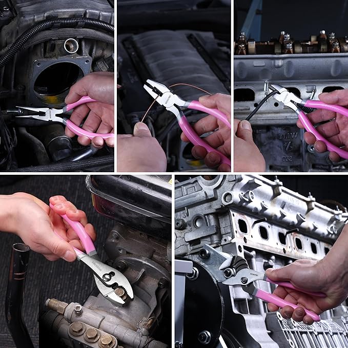 WORKPRO 7-piece Pliers Set with Groove Joint, Long Nose, Slip Joint, Linesman, and Diagonal Pliers for DIY & Home Use - Pink Ribbon