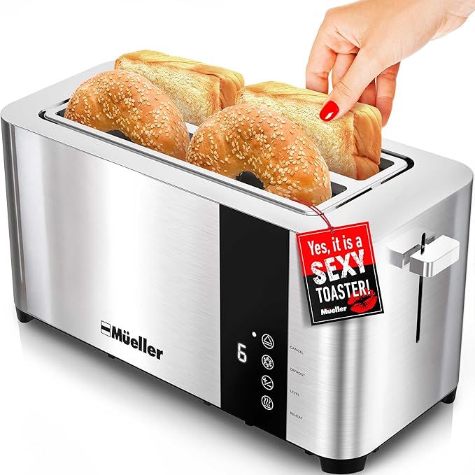 Mueller UltraToast ステンレス製トースター 4枚切り – 食パン、ベーグル、冷凍ワッフル対応 1.6インチ幅広スロット、6段階焼き色調節、LEDディスプレイ、キャンセル/解凍/再加熱機能、取り外し可能なくず受け皿