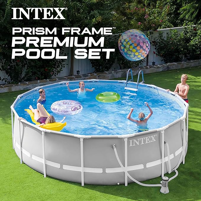 INTEX 26725EH プリズムフレームプレミアム地上設置型プールセット：15フィート x 48インチ – 1000 GPH カートリッジフィルターポンプ – 取り外し可能なはしご – プールカバー – グランドクロス