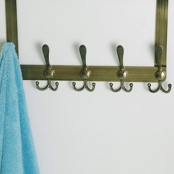 SKOLOO Over The Door Hook - for Doors up to 1-3/4'' Thickness, Pack of 2, Metal Door Hanger with 5 Triple Hooks, Bronze Over The Door Hanger for Coats, Hats,Towels, Assembly Required