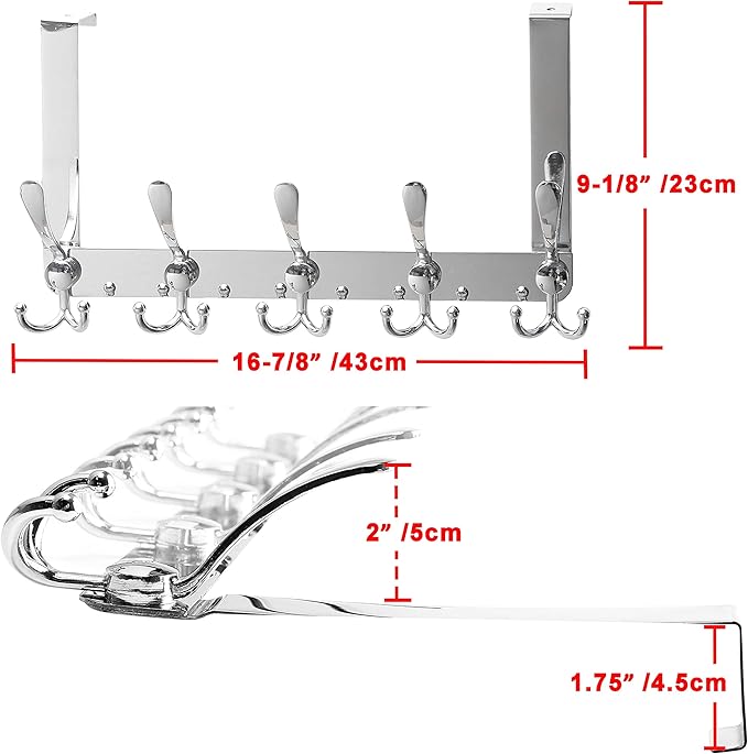 SKOLOO Over The Door Hook - for Doors up to 1-3/4'' Thickness, Pack of 2, Metal Door Hanger with 5 Triple Hooks, Over The Door Hanger for Coats, Hats,Towels, Silver, Assembly Required