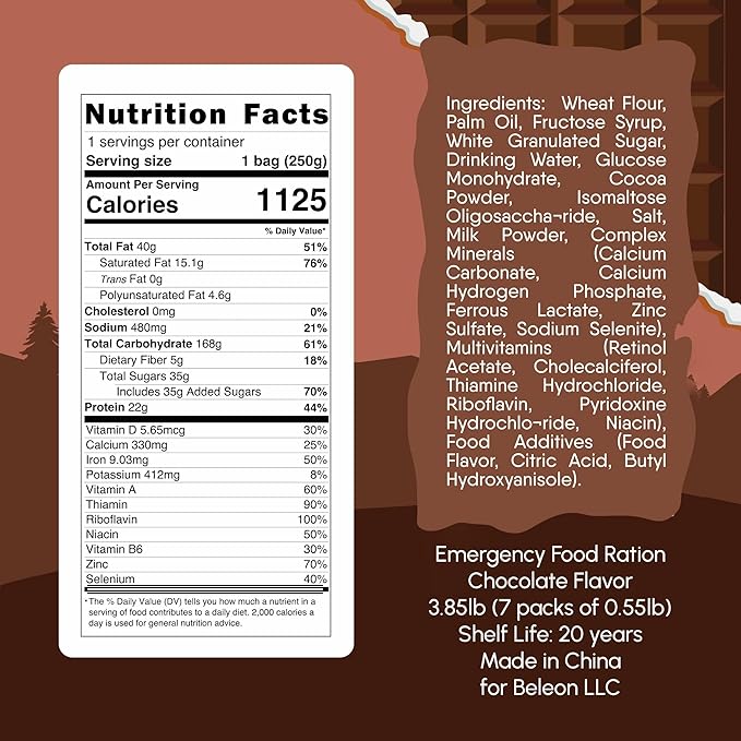 Emergency Food Supply - Chocolate Survival Ration - 20 Years Shelf Life - 7 Days