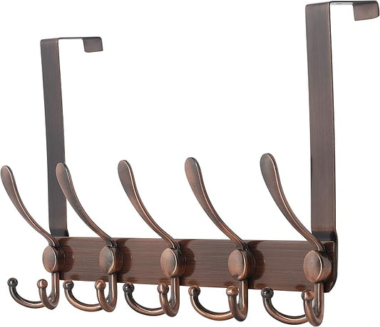 Dseap Over The Door Hook Hanger - Fits 1 3/8" to 1 3/4" Standard Doors | 5 Tri Hooks Heavy Duty Towel/Coat Rack | Door Organizer for Clothes, Jackets, Hats, Towels, Antique Copper