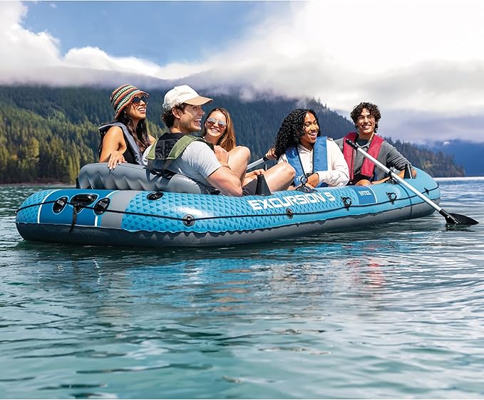 INTEX 66325EP Excursion 5 Inflatable Boat Set: Includes Deluxe 54in Aluminum Oars and High-Output-Pump – Adjustable Seats with Backrest – Fishing Rod Holders – 5-Person – 1320lb Weight Capacity