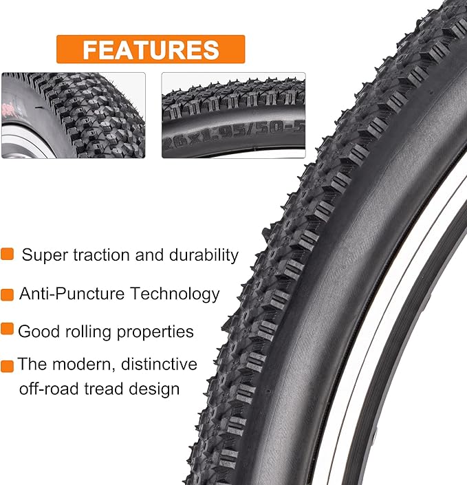 Replacement Bike Tire -26’’x1.95’’,26’’x2.25’’, 27.5’’x2.1’’, 27.5’’x2.2’’, and 29’’x2.2’’ Durable Folding Mountain Bike Tire - 60 TPI Bicycle Tires