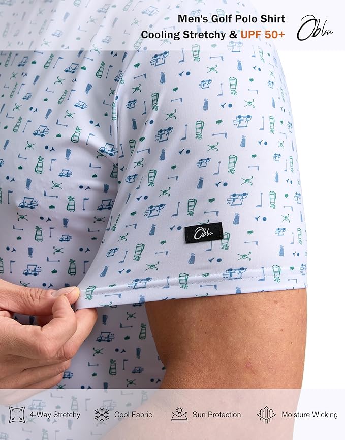 Obla Mens Golf Polo Shirts Short Sleeve Dry Fit Performance Moisture Wicking Casual Print Collared Golf Shirts for Men
