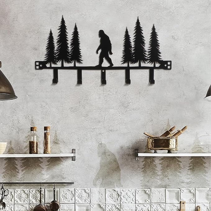 Black Bigfoot Over The Door Hooks Hanger Wall Mount Towel Hanger Door Holder Organizer 5 Hooks Kawaii Farmhouse Rustic Coquettish Style Decor for Bedroom Bathroom Towel Hat Clothes