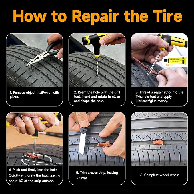 Tire Repair Kit with Air Compressor - ZGWATO Motorcycle Flat Tire Repair Kit, Tire Patch Kit to Fix Punctures and Plug Flats, Universal Tire Repair Tools for Car, Truck, Jeep, ATV, Tractor, Trailer