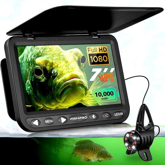 [FishPRO® 2026アップグレード] NO.1 HD 1080P水中釣りカメラ 7インチIPSディスプレイ、10,000mAhバッテリー（使いやすい）N/DVRアイスフィッシングカメラ、アイスレイクボートフィッシング用魚探カメラ（USB-C、LED+IR、82ftケーブル付き）