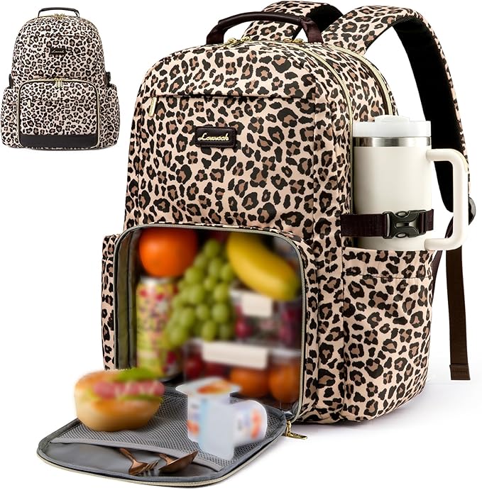 LOVEVOOK Lunch Backpack with Lunch Compartment,15.6Inch Laptop Work Travel Insulated Cooler Backpack Purse,Waterproof College Teacher Lunch Bag Box with Tumbler Holder,Gift for Men Women,Leopard print