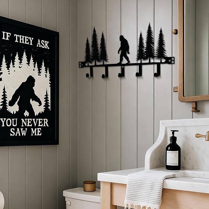 Black Bigfoot Over The Door Hooks Hanger Wall Mount Towel Hanger Door Holder Organizer 5 Hooks Kawaii Farmhouse Rustic Coquettish Style Decor for Bedroom Bathroom Towel Hat Clothes